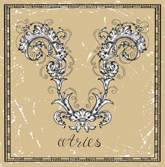 Aries or Ram Zodiac sign on frame on texture. Collection of astrological symbols in baroque victorian style. Vector hand drawn illustration for Horoscope, Esoteric and Mystic background