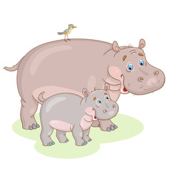 Hippo family. Dad hippopotamus and cute hippo baby. In cartoon style. Isolated on white background.