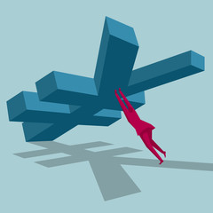 Businessman holds up the yuan symbol. Isolated on blue background.