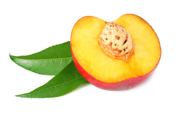 nectarine with green leaf isolated on a white background.