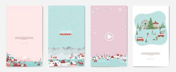 Set of Mobile App Page with Christmas Market landscape, houses in the Scandinavian style and people walking, snowboarding, sledding, ice skating, skiing. Editable vector illustration.