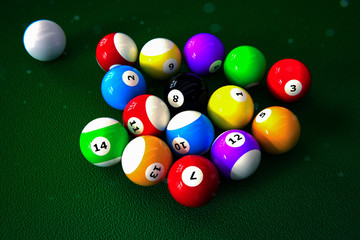 set of pool balls on green table