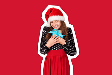 Smiling woman in christmas hat hug gift box. Magazine collage style with trendy color background . holidays concept