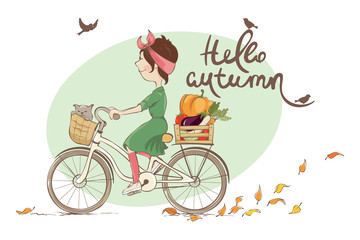 Hello autumn / Vector illustration, young woman and autumn shopping	