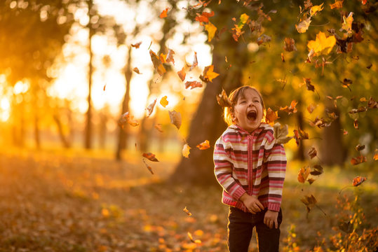 Cute little girl playing with leaves falling on her