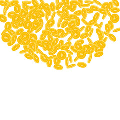 Chinese yuan coins falling. Scattered small CNY co