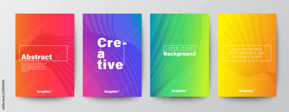 Wall mural set of minimal abstract curved wave shape on vivid gradient colors background for brochure, flyer, p