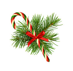 Traditional Christmas cane with pine twigs and red silk ribbon bow