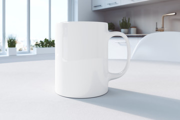White mug on a table in the kitchen | Mockup | 3D rendering