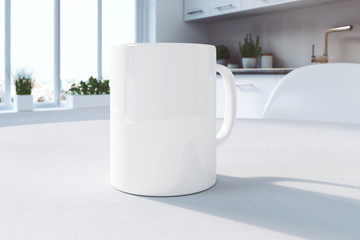 White mug on a table in the kitchen | Mockup | 3D rendering