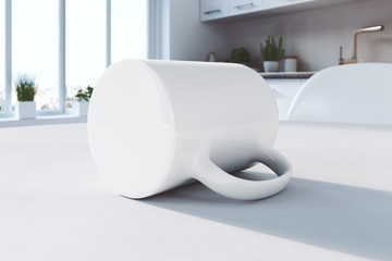 White mug on a table in the kitchen | Mockup | 3D rendering