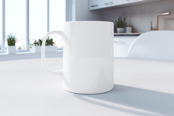 White mug on a table in the kitchen | Mockup | 3D rendering