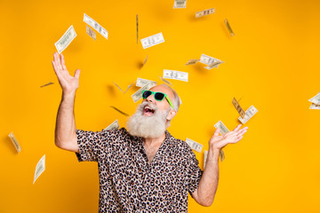 Portrait of crazy funky funny old bearded man hipster in green eyeglasses eyewear look up at money...
