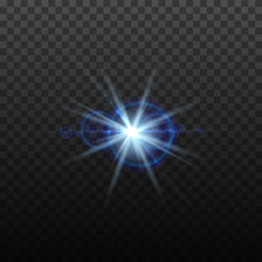 Light blue vector lens flare effect. Round isolated transparent optical design with rays. Space star explosion. Luxury sparkling highlight, digital graphics.
