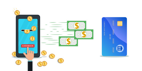 Cashback credit card and money transfer mobile app. Flat smartphone with gold coins on screen isolated on white background. Flying cash icon. Hand finger push cashback button. Loyalty reward program