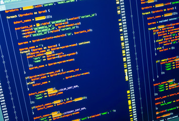 Programming. Web developing on the php language. Orange PHP on dark blue background, macro