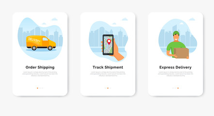 Order express delivery service online banner. Smartphone with mobile app for shipment tracking, delivery man and van. Flat vector illustration design