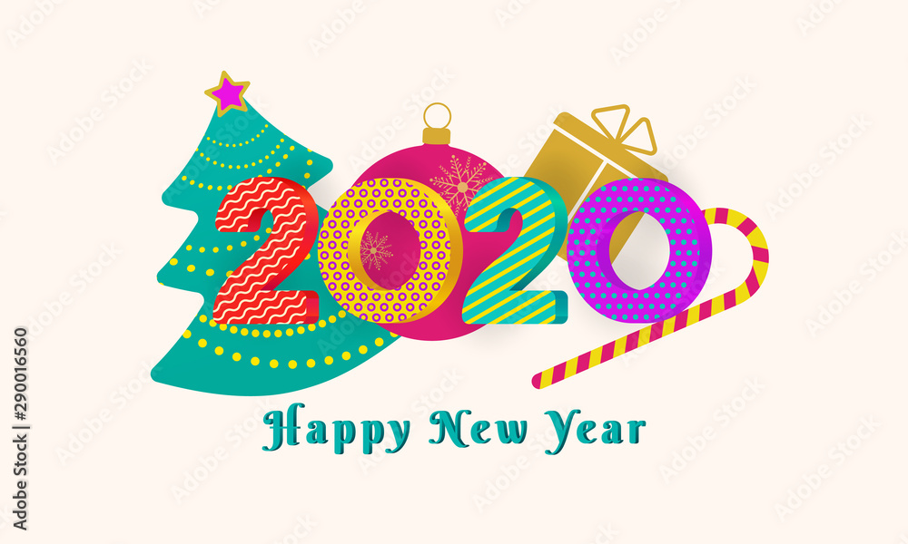Wall mural 2020 happy new year text design with colorful 3d numbers on pink background with christmas tree, bal