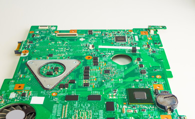Printed computer motherboard with microcircuit, close up