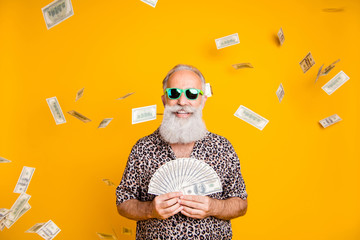 Photo of old trendy man washed with banknotes of foreign currency being rich wealthy while isolated...