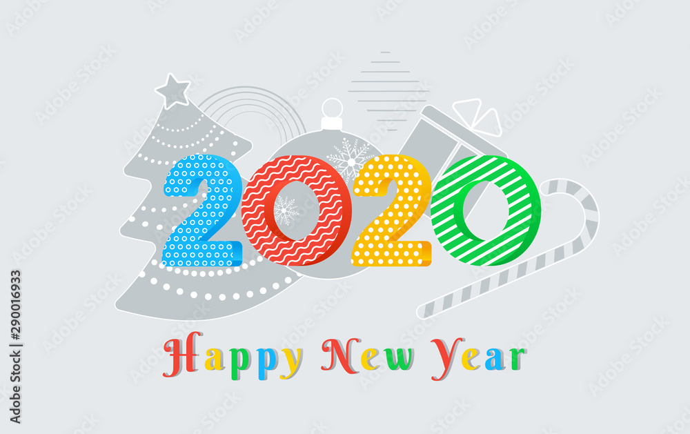 Wall mural 2020 happy new year text design with colorful numbers with ornament pattern on grey background with 