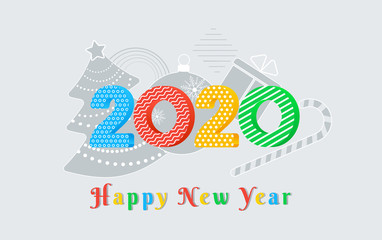 2020 Happy New Year text design with colorful numbers with ornament pattern on grey background with christmas tree, ball, gift box. Holiday banner, poster, greeting card template. Year of the rat