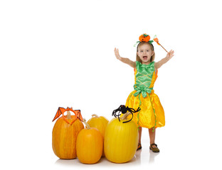Cute little girl in pumpkin costume on white background. Happy Halloween!