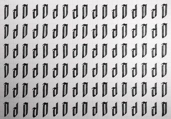 Handwriting black and white symbol filling pattern. Calligraphic letter D learning skills paper...