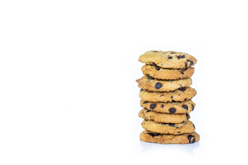 cookie chocolate stacked on white background.