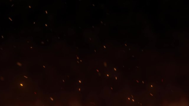 Burning flame with glowing hot sparks at night. Fire particles swarm with a smoke and ashes flying away over black background. Wildfire in motion 4K footage.
