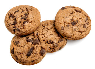 Chocolate chip cookies isolated on white background. Tasty Pastry. Top view