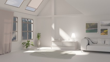 Scandinavian living room with white walls. 3D rendering.