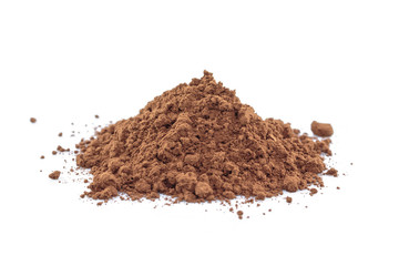 pile cocoa powder on white background.