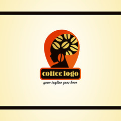 Coffee Logo Design With African Woman. Orange Background.