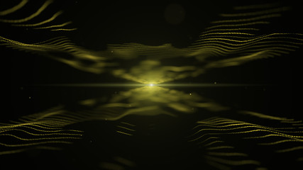 Abstract background. Yellow imitation of sound waves on black backdrop. Light blurred yellow blick is on the centre, and between the waves.