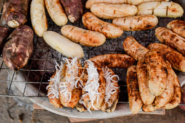 Grilled banana or Kuay chi, popular streetfood in Luang Prabang Laos
