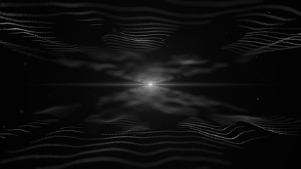 Abstract energy background. Imitation of white waves on black backdrop. Light blurred white blick is on the centre, and between the waves.