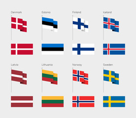 Countries of Northern Europe according to the UN classification. Set of flags. Denmark, Estonia, Finland, Iceland, Latvia, Lithuania, Norway, Sweden.