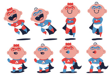 Cute superhero baby boy and girl vector cartoon characters set isolated on white background.