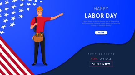 USA Happy Labor Day holiday discount banner template with American national flag on navy blue background and smiling cartoon worker in red uniform. Special offer. Poster, greeting card design