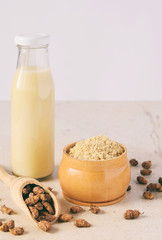 Сhufa milk and tigernut flour. Alternative type of milks. Vegan non-dairy milk. Lactose-Free Milk and Nondairy Beverages. Lactose intolerance. Gluten free. Grain free. Healthy food. Superfood.