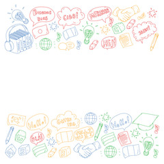 Vector pattern for language class, online courses. English, arabic, italian, japanese, spanish, chinese, german.