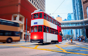 Red double-decker tram in Hong Kong.