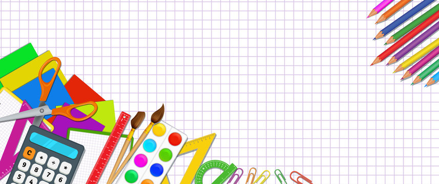 Back to school posters design with colorful realistic school supplies set with objects like pencils, paint brushes, color palette, scissors, ruler, notebooks on white background with grid pattern.