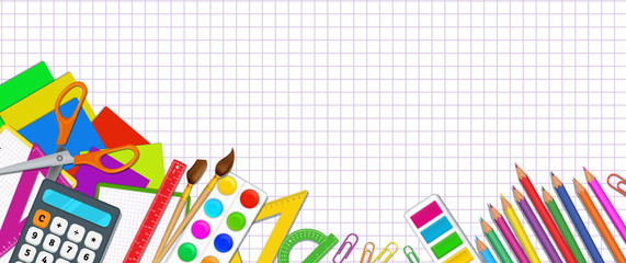 Back to school banner template with realistic elementary school objects like pencils, paint brushes, color palette, scissors, calculator and rulers on white notebook page background with grid pattern