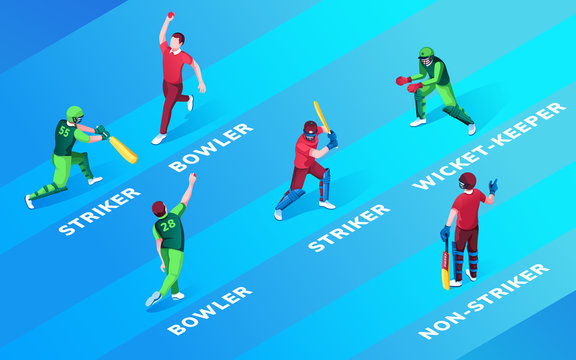 Set of isolated man at cricket fielding positions name. Bowler and striker, wicket-keeper and non-striker. Cricketer batsman and fielder, batter practise with ball and bat. Sport and game theme