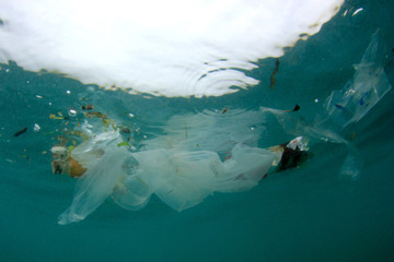 Plastic pollution in ocean. Plastic bags, bottles and straws dumped in sea 