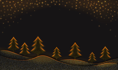 Winter background with snow flakes and christmas trees on black background textured with golden halftone pattern. Design element for New year card, holiday banner, poster template.