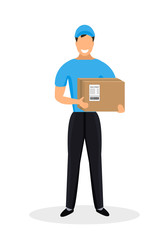 Young delivery man in blue uniform holding a box isolated on a white background. Shipping flat design.