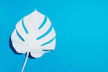 Summer composition. White tropical palm leaves on blue background. Summer concept. Flat lay, top view, copy space